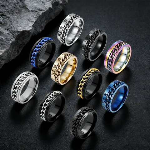 Stainless Steel Roman Numeral Spinner Ring For Men Women Rotatable Chain Anxiety Ring Set Relieving Stress Bands Fashion Hand Jewelry