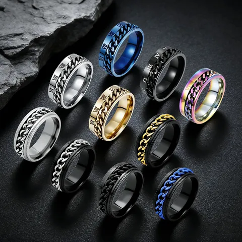 Stainless Steel Roman Numeral Spinner Ring For Men Women Rotatable Chain Anxiety Ring Set Relieving Stress Bands Fashion Hand Jewelry