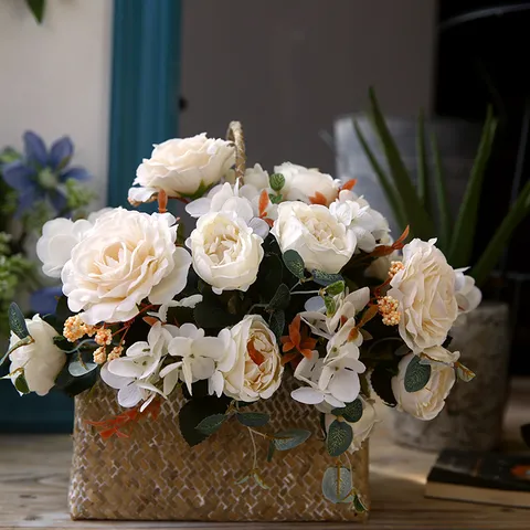 Artificial Silk Rose Flower Bouquet Natural Pastoral Style Decorative Fake Flowers For Home Dining Table Coffee Table Floral Arrangement Gift
