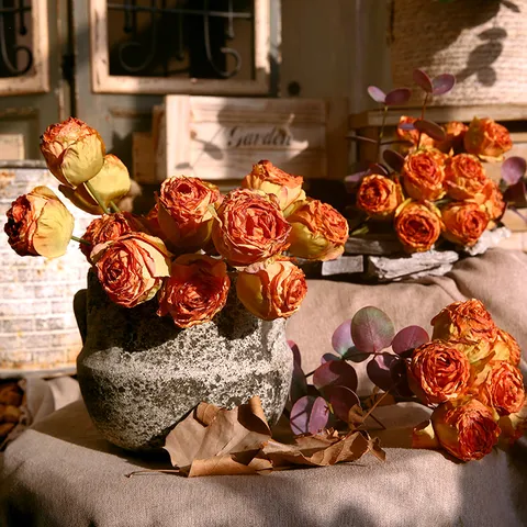 Vintage Retro Burnt Edge Artificial Rose Silk Flower Bouquet Home Living Room Table Decor Floral Arrangement
