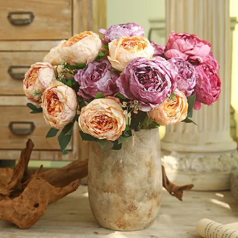 Artificial Peony Silk Flower Bouquet Vintage European Style Fake Flowers For Home Living Room Dining Table Decor