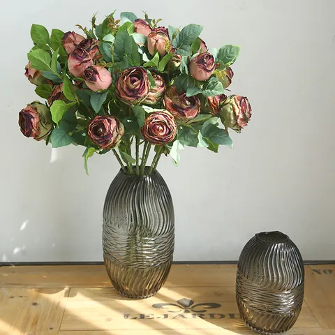 European Retro Single Branch Artificial Rose Flower 3 Heads Fringed Rose Silk Flower Home Living Room Table Decor Fake Flower