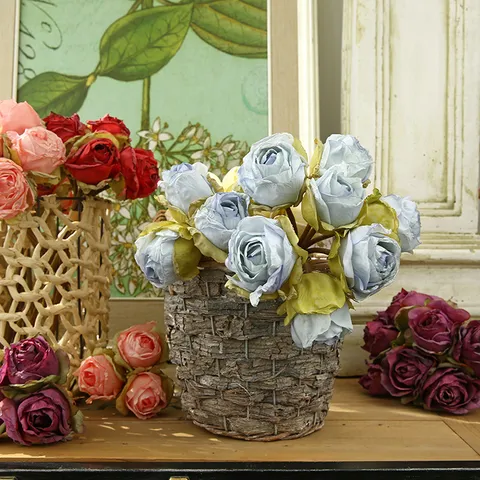 Artificial Rose Flower Bouquet Retro Scorched Edge Silk Roses For Living Room Dining Table Home Decor Floral Art