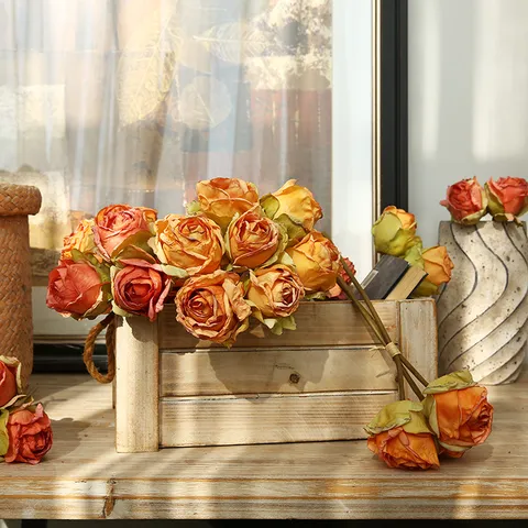 Artificial Rose Flower Bouquet Retro Scorched Edge Silk Roses For Living Room Dining Table Home Decor Floral Art