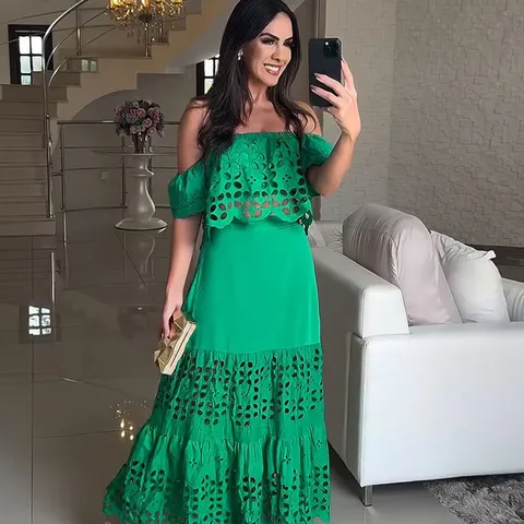 Damen Grün Hohl Ausgeschnitten Oberteil und Unterteil Schulterfrei Spitze Gestufter Midi Rock Für Sommer Urlaub Resort-Stil Kleidung