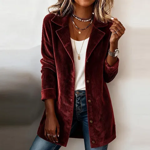 Veste de Blazer Élégante en Polyester Texture Velours Côtelé pour Femmes Style Britannique Mi-longue Col Tailleur Simple Boutonnage Top