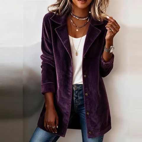 Veste de Blazer Élégante en Polyester Texture Velours Côtelé pour Femmes Style Britannique Mi-longue Col Tailleur Simple Boutonnage Top