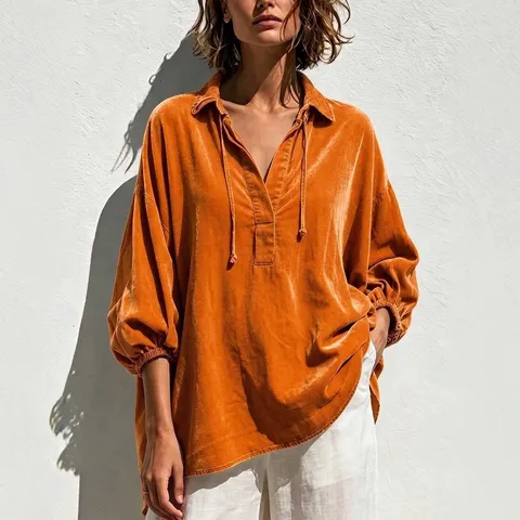 Women's V Neck Gold Velvet Blouse Lantern Sleeve Drawstring Loose Pullover Shirt Plus Size Autumn Winter Top
