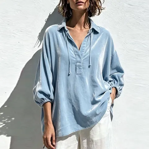 Women's V Neck Gold Velvet Blouse Lantern Sleeve Drawstring Loose Pullover Shirt Plus Size Autumn Winter Top