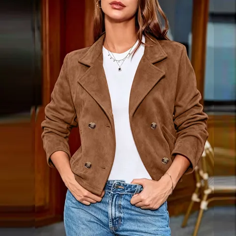 Women Faux Suede Blazer Lapel Double Breasted Jacket Vintage Solid Color Long Sleeve Top Coat For Autumn Winter Casual Daily Outwear