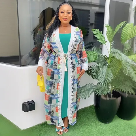 Plus Size Women Top And Bottom Set Geometric Printed Long Sleeve Cardigan And Maxi Dress Casual Vacation Beach Wear