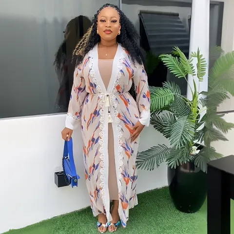 Plus Size Women Top And Bottom Set Geometric Printed Long Sleeve Cardigan And Maxi Dress Casual Vacation Beach Wear