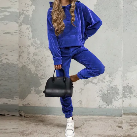 Damen Samt Velour Zweiteiler Trainingsanzug Set Langarm Kapuzenpullover Und Passende Jogginghose Einfarbig Casual Top Und Bottom