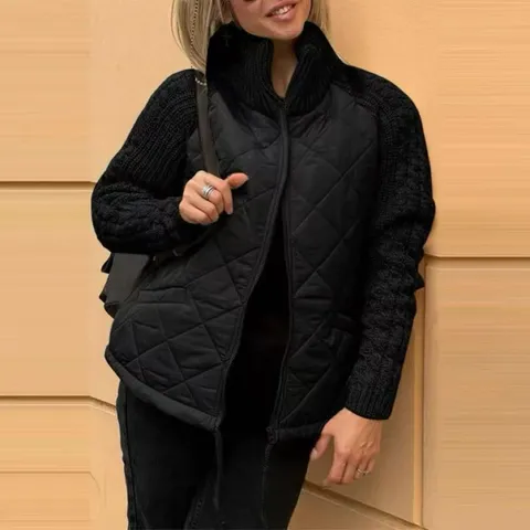 Chaqueta Acolchada de Cuello Alzado para Mujer Patchwork de Punto Manga Larga Abrigo de Invierno Casual con Cremallera y Bolsillos