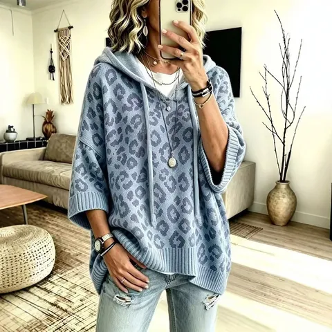 Women's Oversized Leopard Print Knitted Hoodie Casual Drawstring Loose Pullover Long Sleeve Sweater Streetwear Comfort Jumper Top
