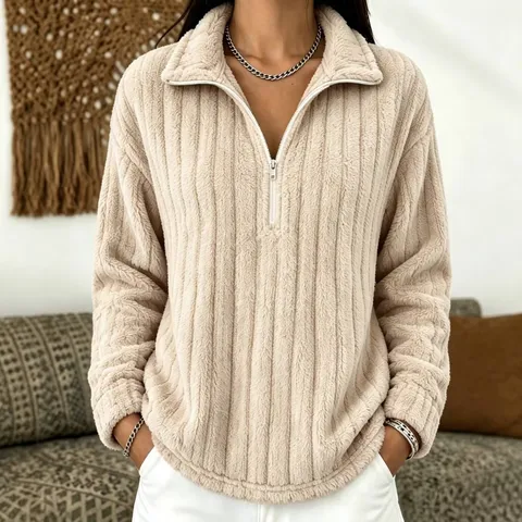 Damen Geripptes Fleece 1/4 Reißverschluss Sweatshirt Elegant Stehkragen Langarm Plüsch Pullover Top Einfarbig Winter Warm Locker Gespleißt Jumper