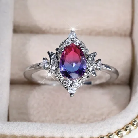 Anello Vintage in Zirconia Taglio a Pera Con Design Luna e Corona Rame Placcato Argento Gioielli da Dito Goccia d'Acqua Per Donna Matrimonio Festa