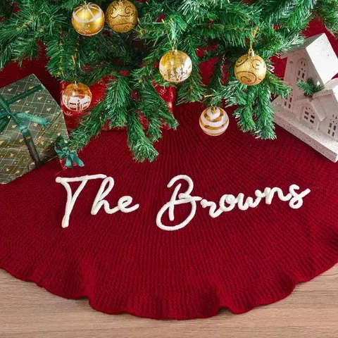 Christmas Tree Skirt Cable Knit Polyester Embroidered Christmas Tree Apron With Bowties Ornament Ornament For Home Holiday Decoration Party Festival