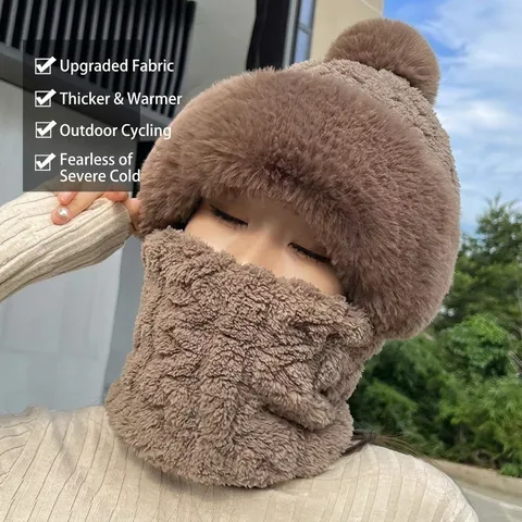 Bonnet Pull-over Thermique d'Hiver pour Femme Écharpe Intégrée Coupe-vent Protection Oreilles Casquette Épaissie Doublée Polaire Doux Chaud Tricot Plein Air avec Pompon