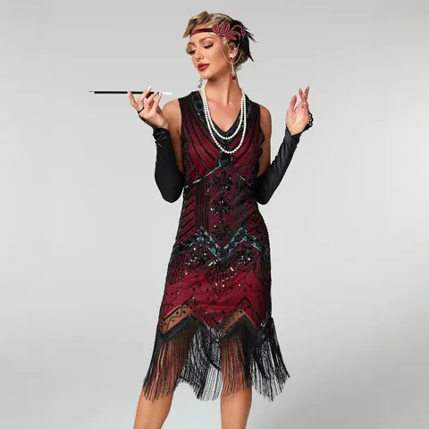 Women Vintage Flapper Dress V Neck Sleeveless Sequin Beaded Tassel Evening Gown Great Gatsby Party Dress Cocktail Dress