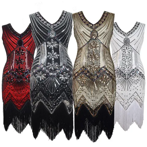 Women Vintage Flapper Dress V Neck Sleeveless Sequin Beaded Tassel Evening Gown Great Gatsby Party Dress Cocktail Dress