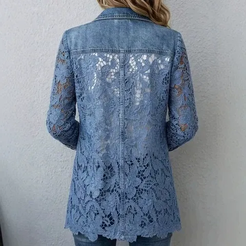 Dames Patchwork Opengewerkt Bloemen Kant Faux Denim Blazer Jas Elegant Woon-werkverkeer Halflang Slim Fit Revers Lange Mouw Polyester Bovenkleding