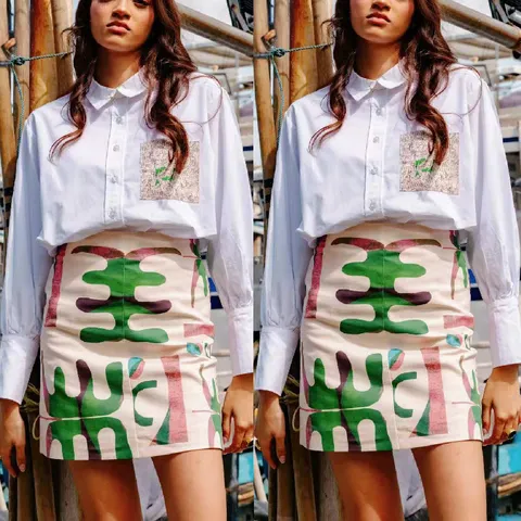 Women's Elegant Graffiti Print Lapel Shirt And Mini Skirt Set Casual Long Sleeve Top And Bottom Polyester Two Piece Set