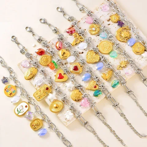 Mode Edelstahl Zweifarbige Charm-Armband Für Damen Gold Silber Plattiert Herz Sonne Mond Anhänger Schmuck Täglich Pendeln Armband