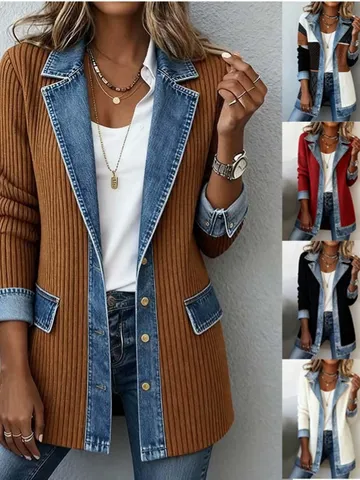 Veste Patchwork à Manches Longues Slim Fit Élégante pour Femme Automne Casual Tricot à Côtes Denim Contraste Outwear Revers Boutons