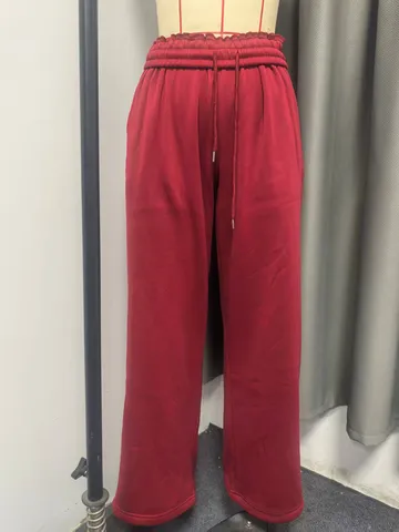 Women's Winter Plush Thickened Loose Wide Leg Sweatpants With Elastic Waist Drawstring Casual Solid Color Polyester Bottom