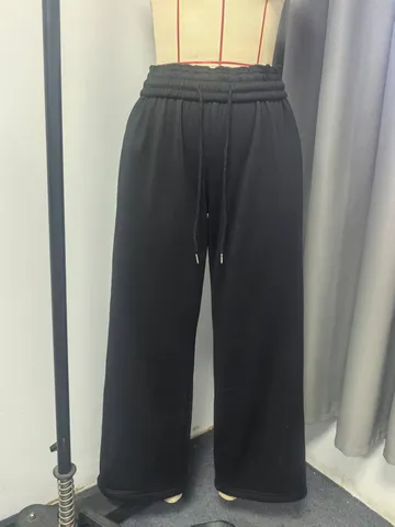 Women's Winter Plush Thickened Loose Wide Leg Sweatpants With Elastic Waist Drawstring Casual Solid Color Polyester Bottom