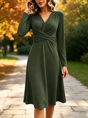 Robe Midi Femme Couleur Unie Col en V en Polyester Élégant Froncé Croisé Taille Manches Longues Ligne A Robes Décontractées