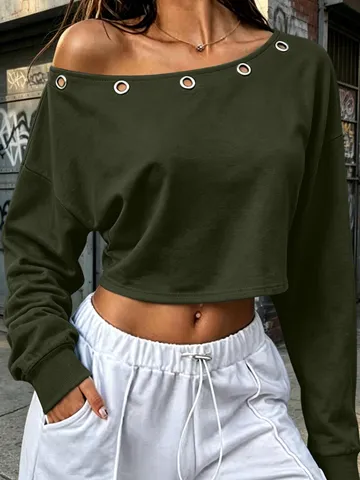 Camiseta de Manga Larga Informal de un Hombro para Mujer Color Sólido Ojales de Metal Camiseta Corta Slim Fit Poliéster Otoño