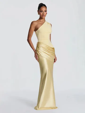 Robe Longue Élégante en Satin à Une Épaule pour Femme Taille Haute Moulante à Plis pour Soirée Vêtement en Polyester
