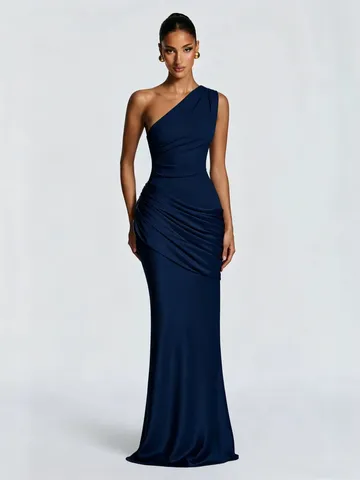 Robe Longue Élégante en Satin à Une Épaule pour Femme Taille Haute Moulante à Plis pour Soirée Vêtement en Polyester