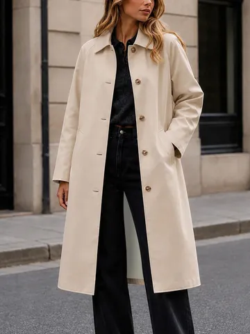 Manteau Mi-long pour Femme Décontracté Épissé à Revers Couleur Unie Boutonnage Simple Veste à Manches Longues pour Automne Hiver Extérieur