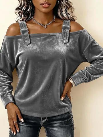 Haut à Manches Longues à Épaules Dénudées en Velours de Polyester pour Femmes Avec Bandoulière à Boucle Patchwork T-Shirt Décontracté Couleur Unie