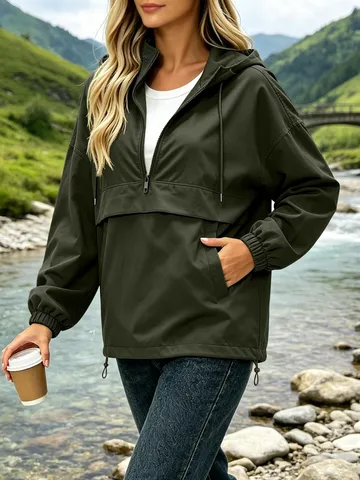 Coupe-Vent Imperméable Décontracté pour Femmes Avec Capuche Demi-Fermeture Éclair Couleur Unie Haut de Sport pour Automne Printemps