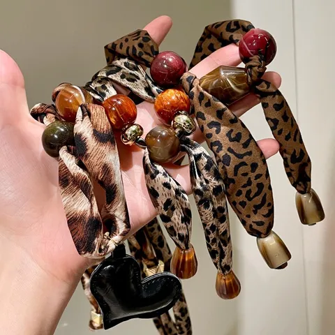 Women Retro Leopard Print Silk Scarf Beaded Sweater Chain Long Necklace With Heart Pendant Fashion Jewelry Gift