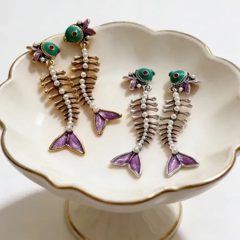 Vintage Court Style Fish Bone Dangle Earrings Alloy Rhinestone Artificial Pearl 925 Silver Earring Post Women Jewelry
