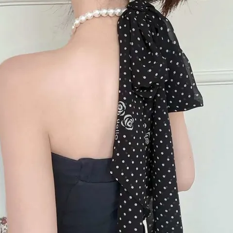 Collier Foulard Vintage Français Imprimé Roses à Pois Pour Femmes Élégant Foulard Ruban à Perles Artificielles Foulard Fin Accessoires Foulard