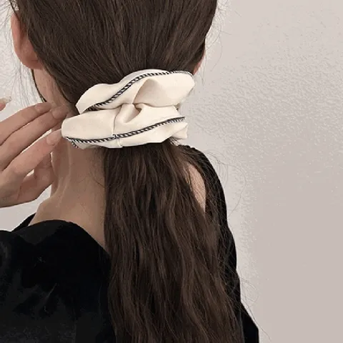 French Vintage Satin Hair Scrunchies Elastic Hair Ropes Simple Black White Piping Hair Ties Hair Accessories For Women