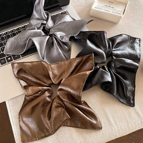 Women PU Leather Square Scarf Scrunchie High Elasticity Hair Tie Vintage Ponytail Holder Hair Accessories