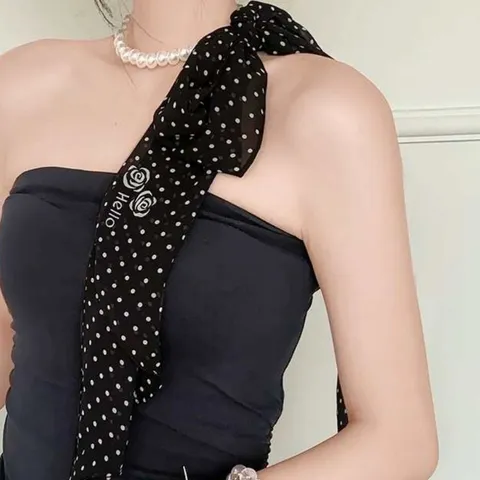 Collier Foulard Vintage Français Imprimé Roses à Pois Pour Femmes Élégant Foulard Ruban à Perles Artificielles Foulard Fin Accessoires Foulard
