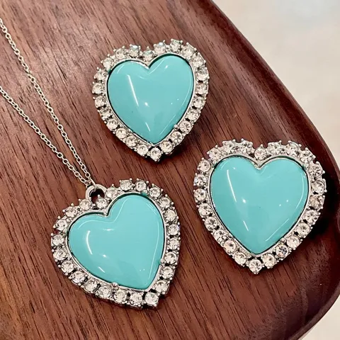 Vintage Blue Heart Rhinestone Necklace And Earrings Set Alloy Crystal Fashion Jewelry Gift For Women Party