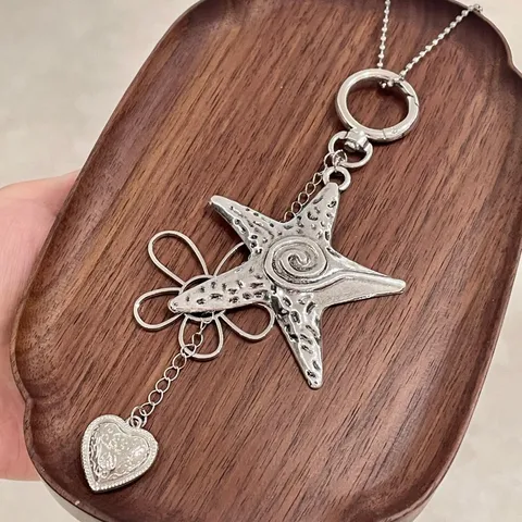 Y2K Vintage Silver Metal Five-Pointed Star Floral Heart Pendant Long Necklace Sweater Chain Fashion Jewelry For Women