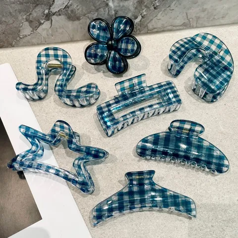 Blue Plaid Acrylic Hair Claw Geometric Flower Hair Clip Minimalist Hair Styling Accessories For Women Daily Hair Catch