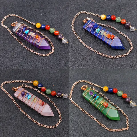 Natural Crystal Stone Arrow Shape Wire Wrapped Chakra Pendulum Pendant Necklace With Chain Yoga Healing Jewelry