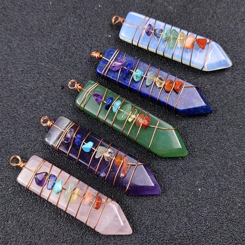 Natural Crystal Stone Arrow Shape Wire Wrapped Chakra Pendulum Pendant Necklace With Chain Yoga Healing Jewelry