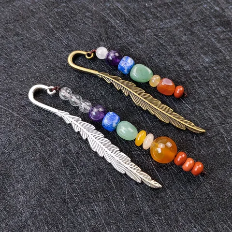 Creative Feather Bookmark With Chakra Crystal Gemstone Beads Metal Book Marker For Office School Reading Gift